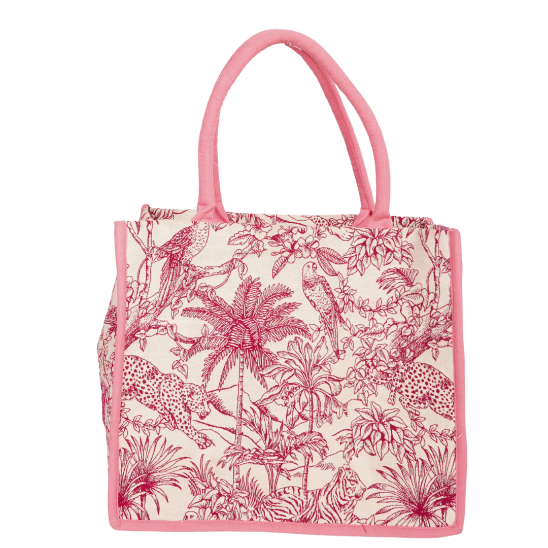 Tropical Jungle Embroidered Tote Bag – Pink Trim