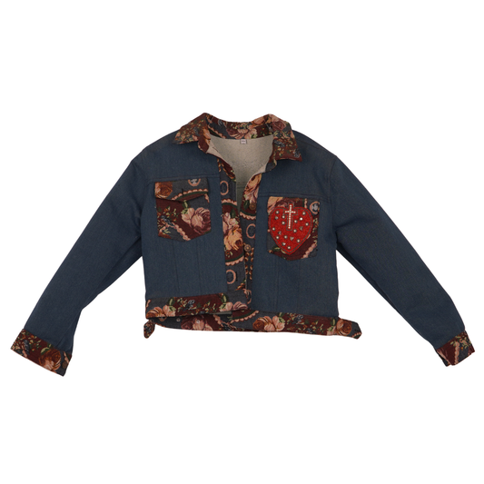 Sacred Heart Embroidered Denim Jacket for Women – Vintage Floral Trim Statement Jacket