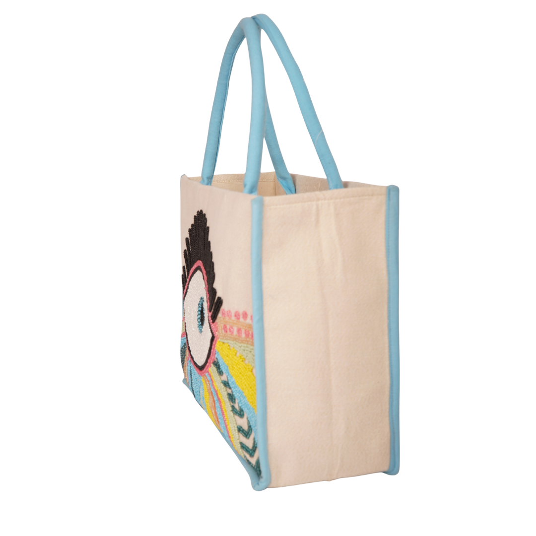 Boho Evil Eye Tote Bag with Color Pop Embroidery – Sky Blue Trim