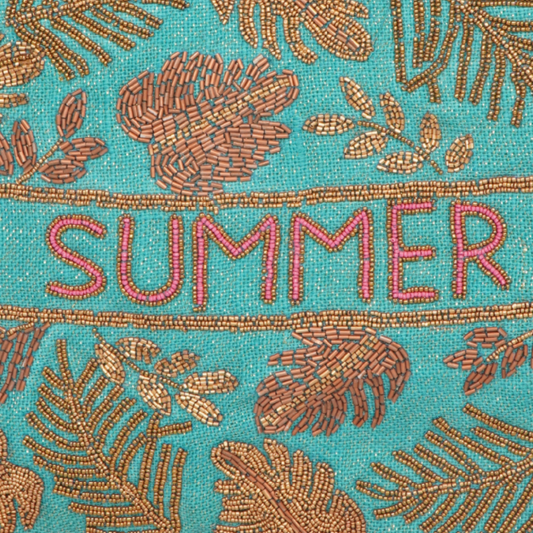 Tropical “SUMMER” Beaded Jute Tote – Aqua & Pink