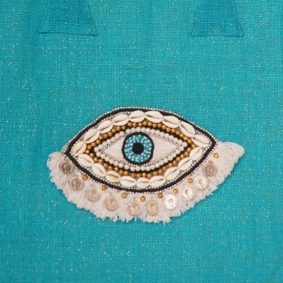 Aqua Evil Eye Jute Tote with Shell & Sequin Detail – Boho Charm