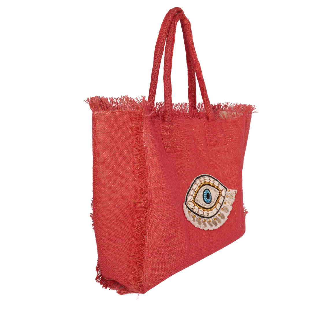 Red Fringe Tote with Shell-Evil Eye Embroidery – Boho Luxe Edition