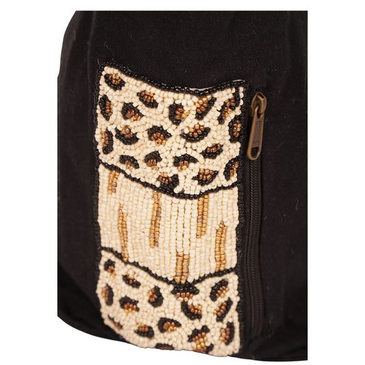 Black Canvas Tote with Beaded Leopard Patch