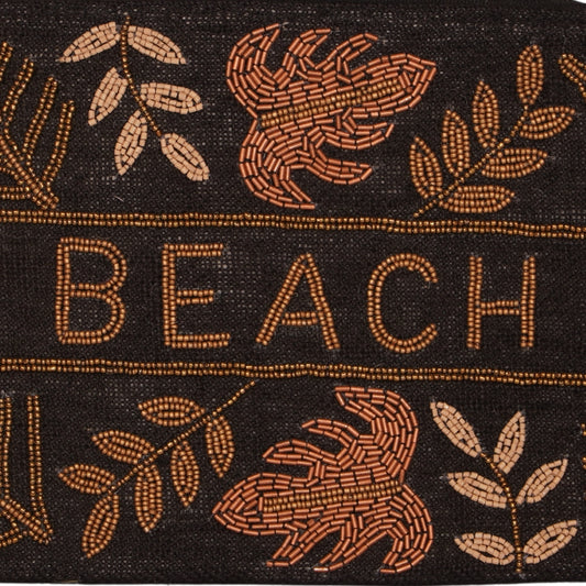 Embroidered Black Jute Pouch – “BEACH” Tropical Leaf Design