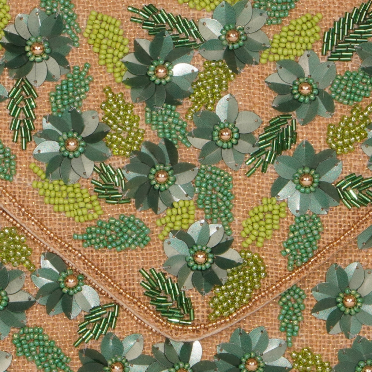 Natural Jute Envelope Clutch with Green Floral Embellishments