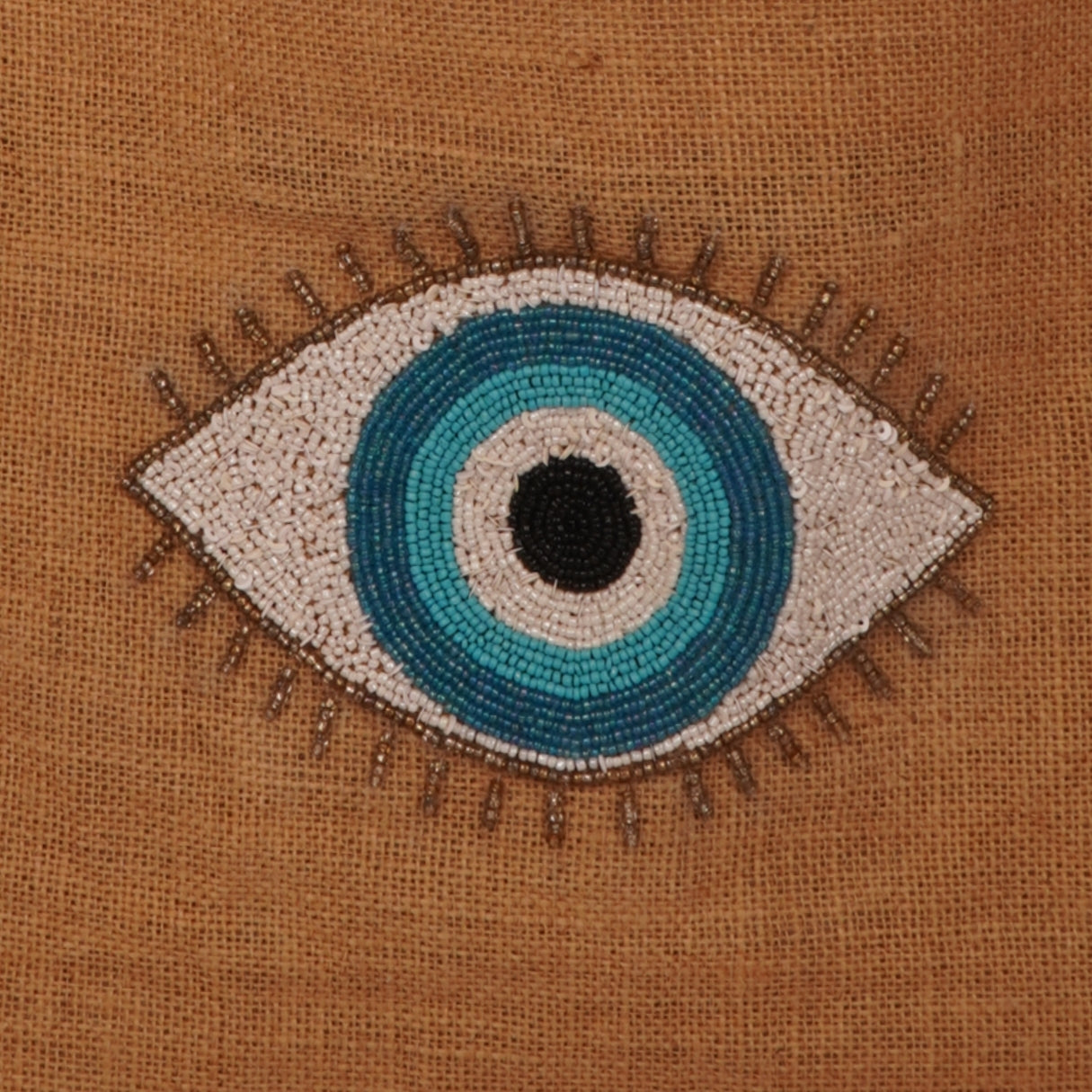 Jute Evil Eye Tote Bag – Tan with Black Handles