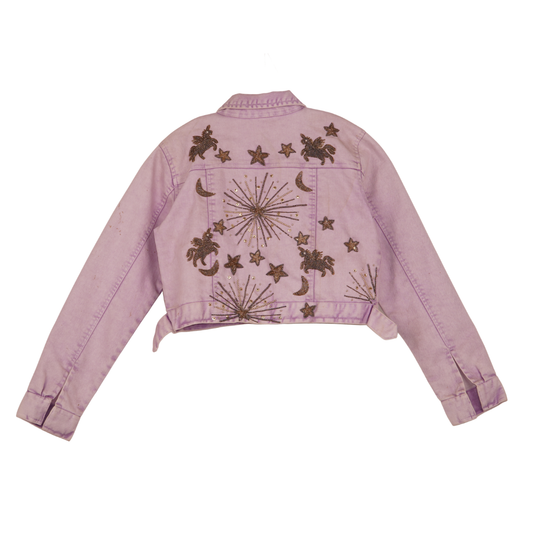 Lavender Celestial Embroidered Cropped Denim Jacket