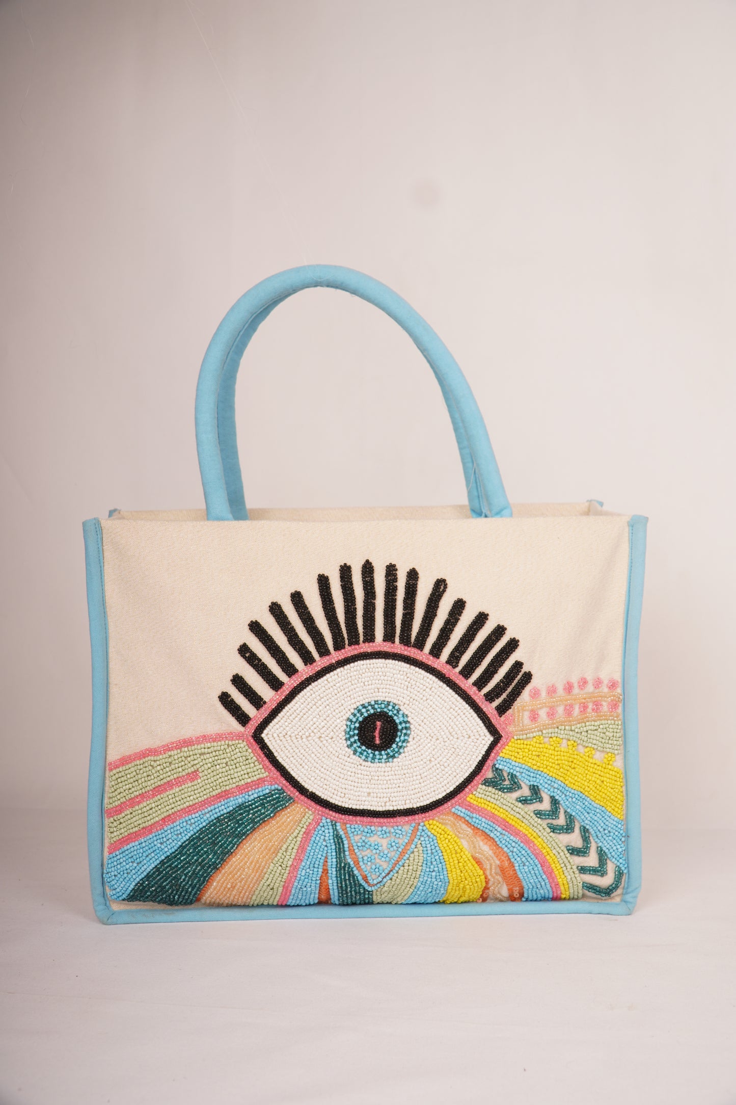 Radiant Eye Tote – Pink Trimmed Boho Chic Statement Bag