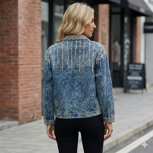 Rhinestone Fringe Denim Jacket for Women – Studded Collar Crystal Statement Jean Jacket