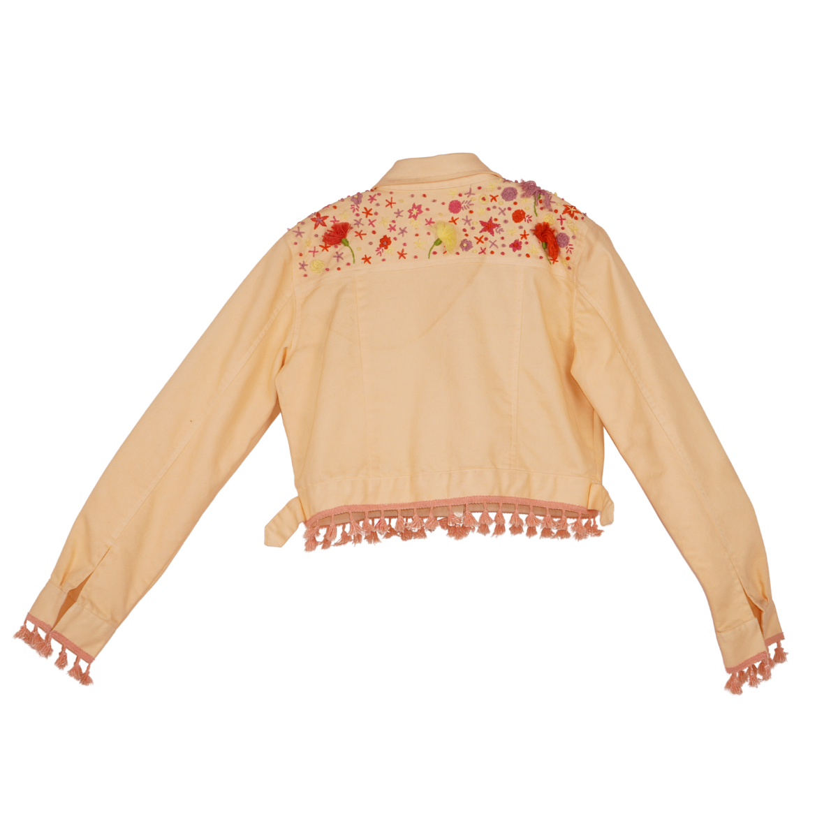 Pastel Yellow Floral Embroidered Cropped Denim Jacket