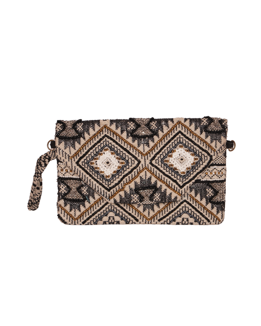 Black & Gold Tribal Beaded Canvas Clutch