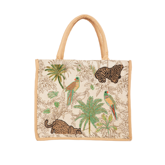 Wild Safari Jungle Embroidered Tote Bag – Beige Trim