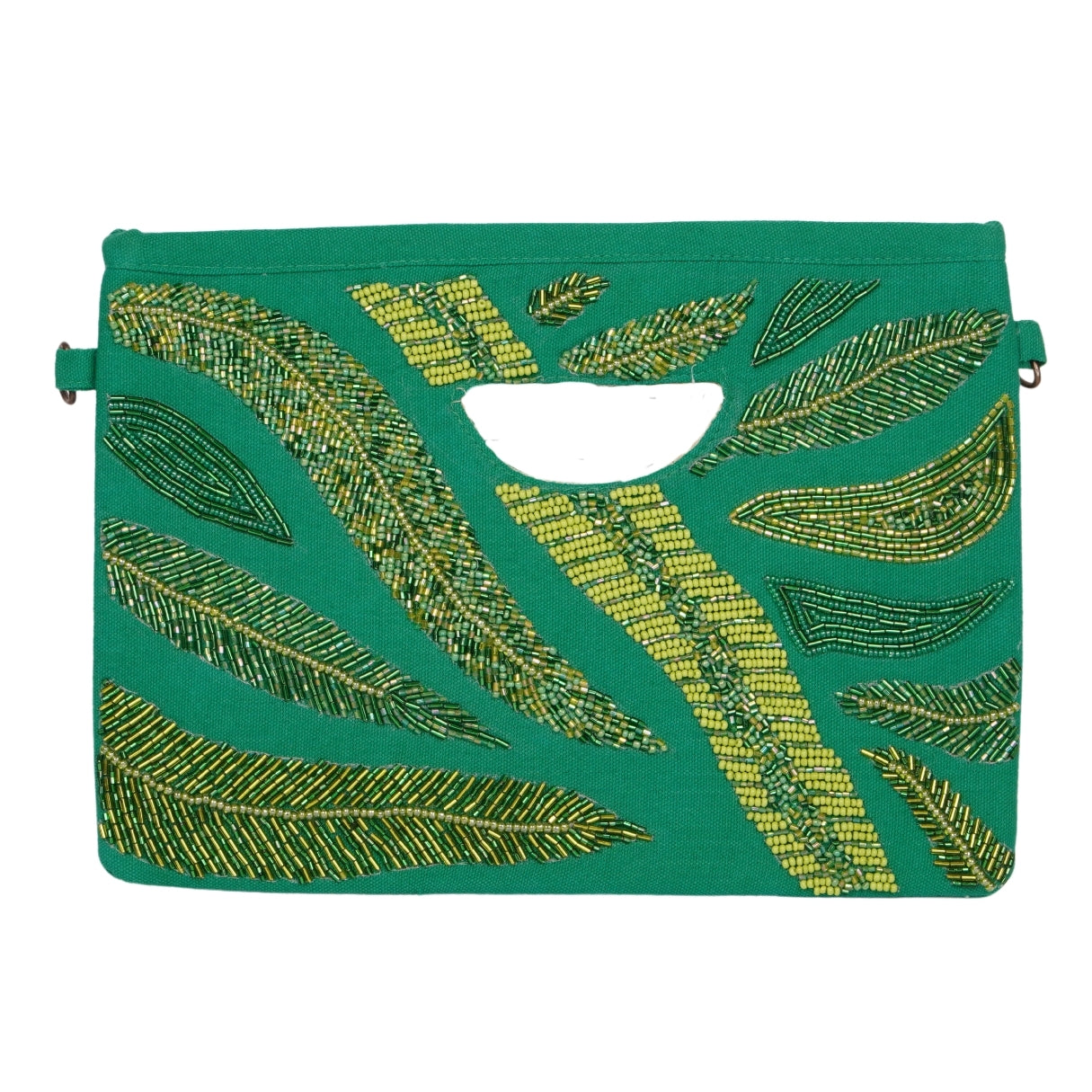 Tropical Leaf Beaded Hand Clutch – Emerald Green