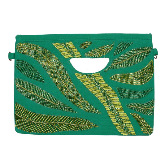 Tropical Leaf Beaded Hand Clutch – Emerald Green