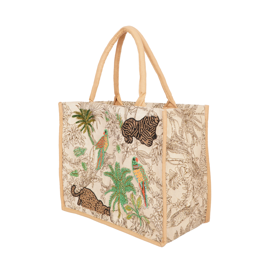 Wild Safari Jungle Embroidered Tote Bag – Beige Trim