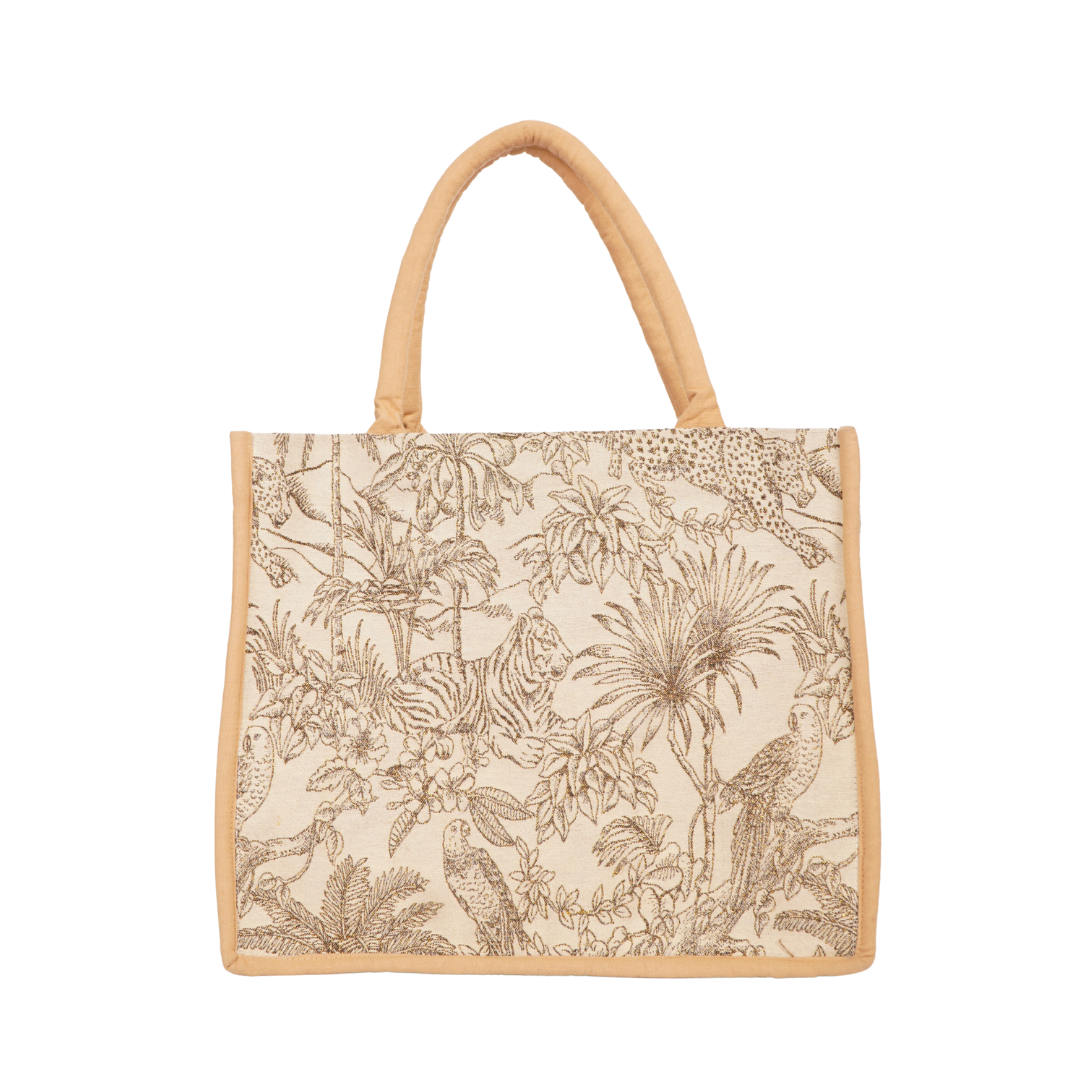 Wild Safari Jungle Embroidered Tote Bag – Beige Trim