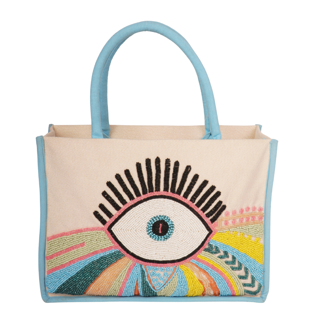 Boho Evil Eye Tote Bag with Color Pop Embroidery – Sky Blue Trim