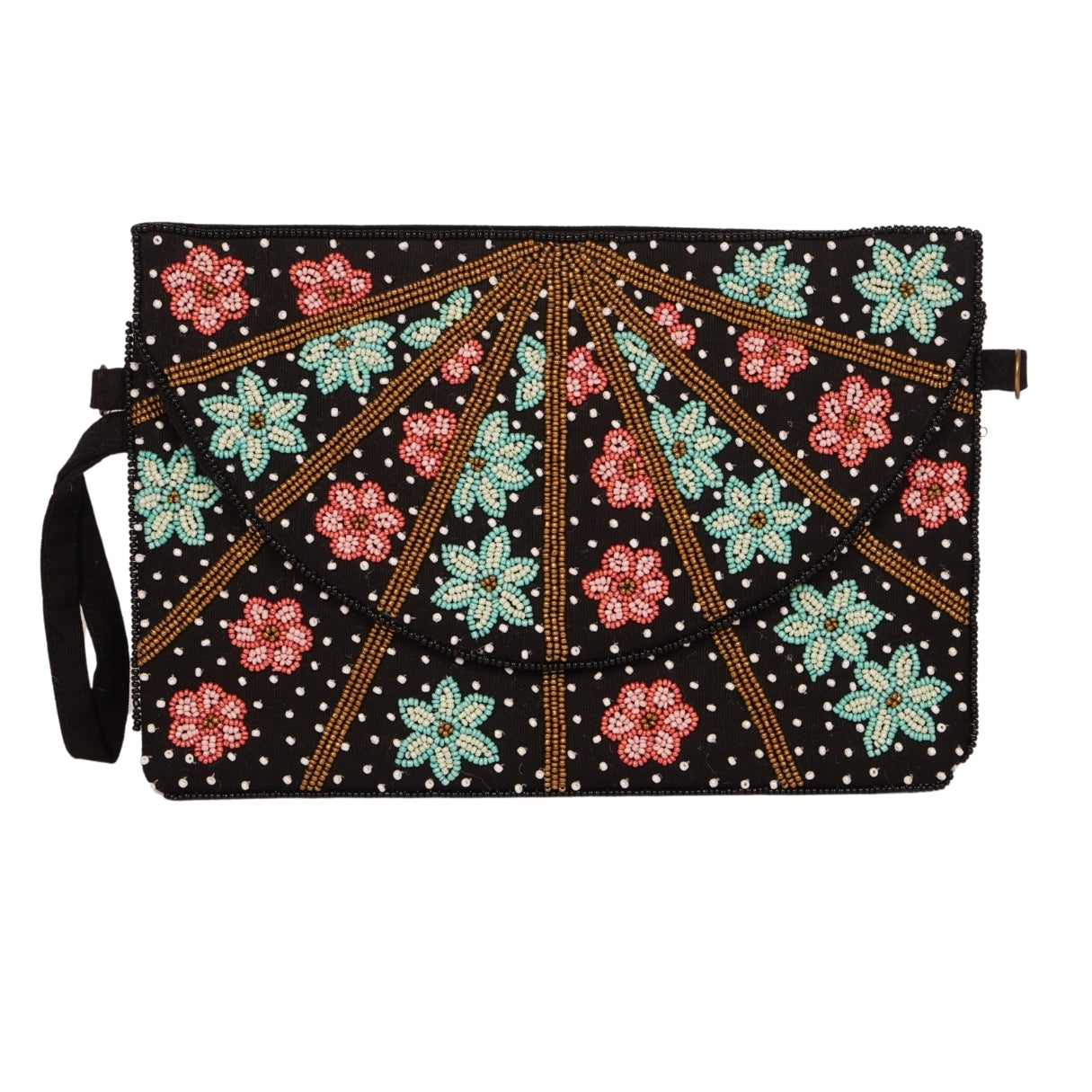 Sunburst Floral Beaded Clutch – Black with Pastel Accents