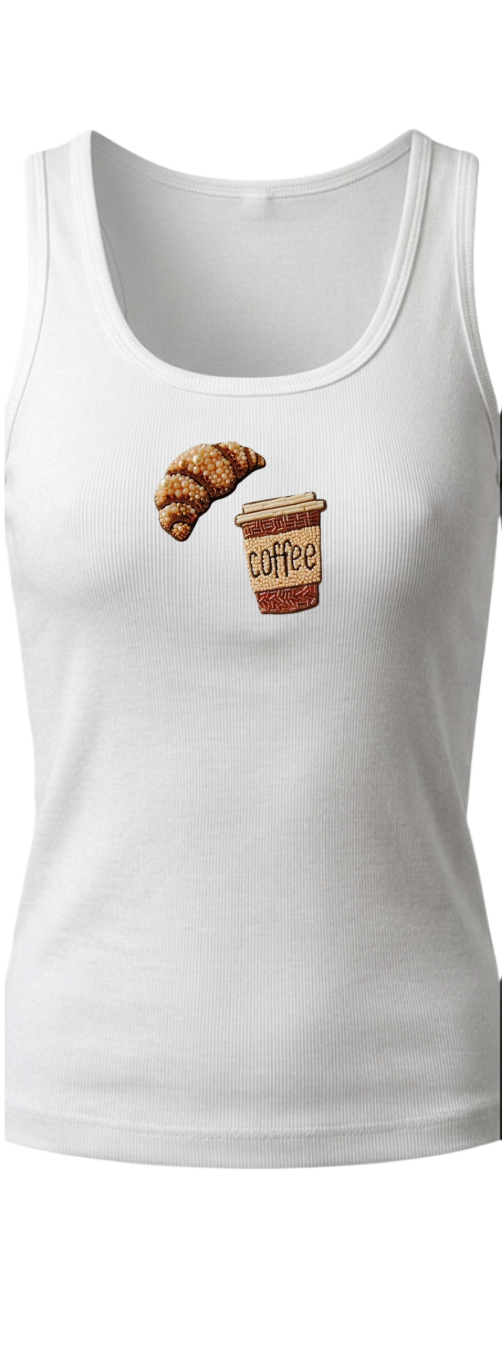 Women’s Beaded Coffee & Croissant Ribbed Tank Top
