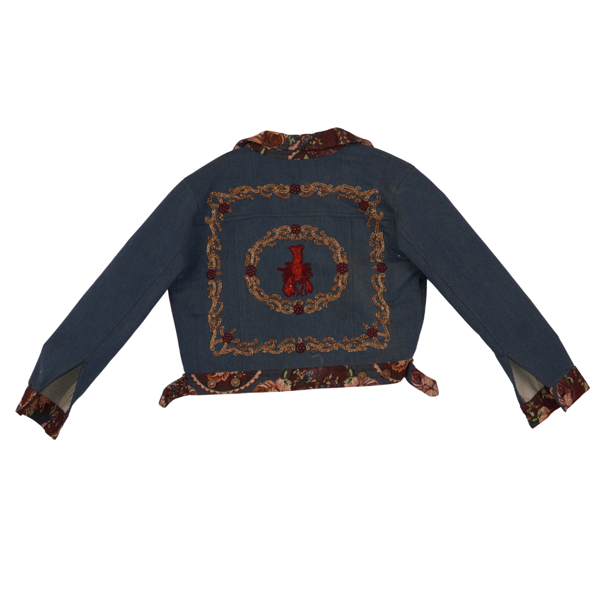 Sacred Heart Embroidered Denim Jacket for Women – Vintage Floral Trim Statement Jacket