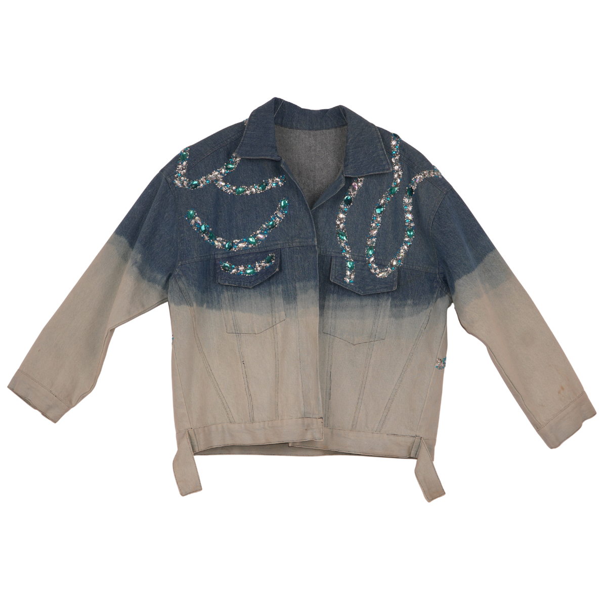 Crystal Embellished Ombré Denim Jacket for Women – Hand-Beaded Statement Jean Jacket