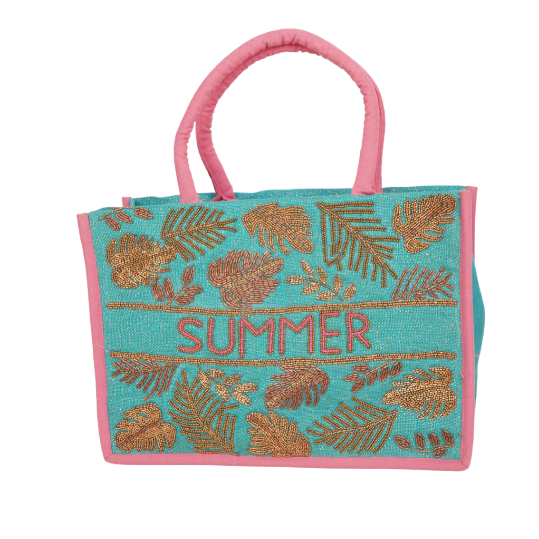 Tropical “SUMMER” Beaded Jute Tote – Aqua &amp; Pink