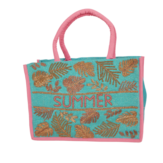 Tropical “SUMMER” Beaded Jute Tote – Aqua &amp; Pink