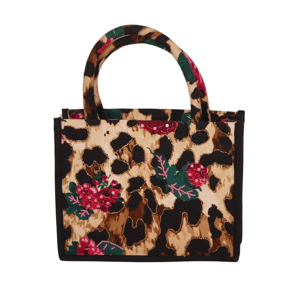 Leopard Print Floral Embroidered Mini Tote Bag