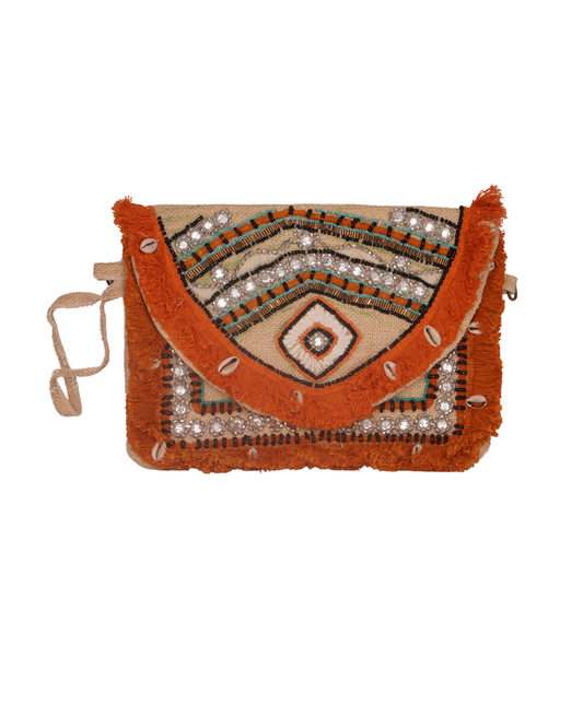Rust Boho Mirror Work Sling Bag with Cowrie Shells