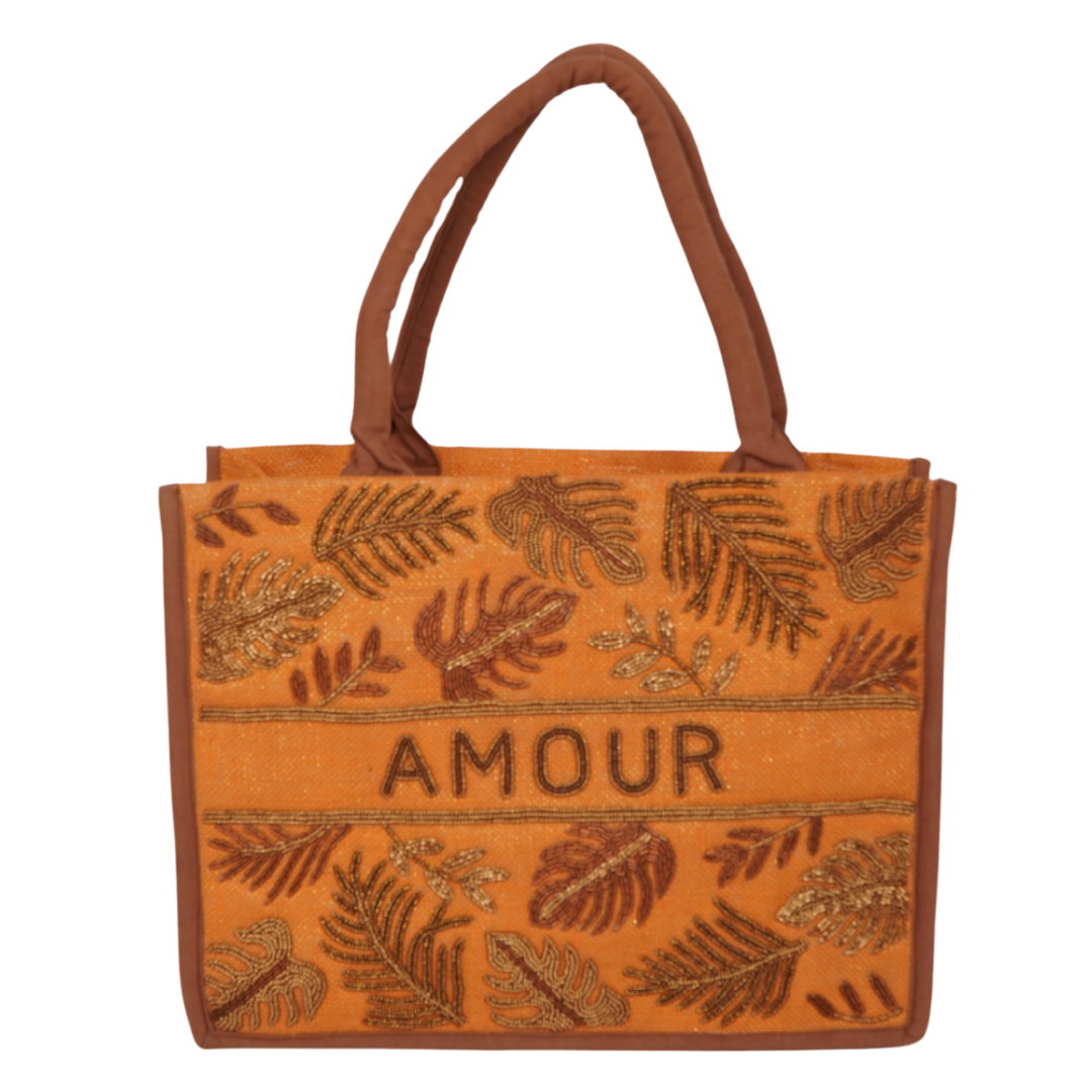 "AMOUR" Tropical Leaf Embroidered Tote – Rust Orange Jute Bag