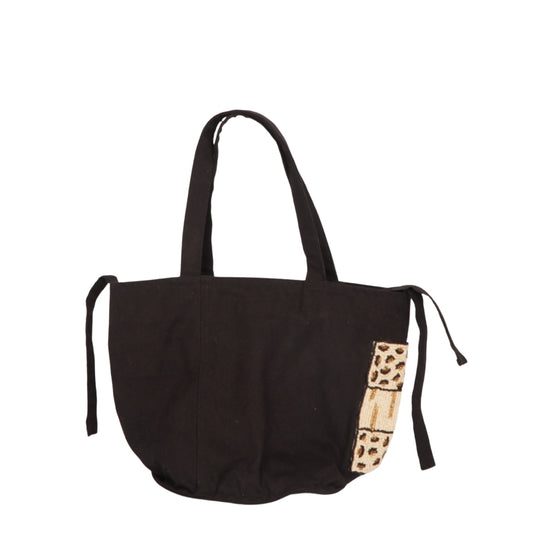 Black Canvas Tote with Beaded Leopard Patch