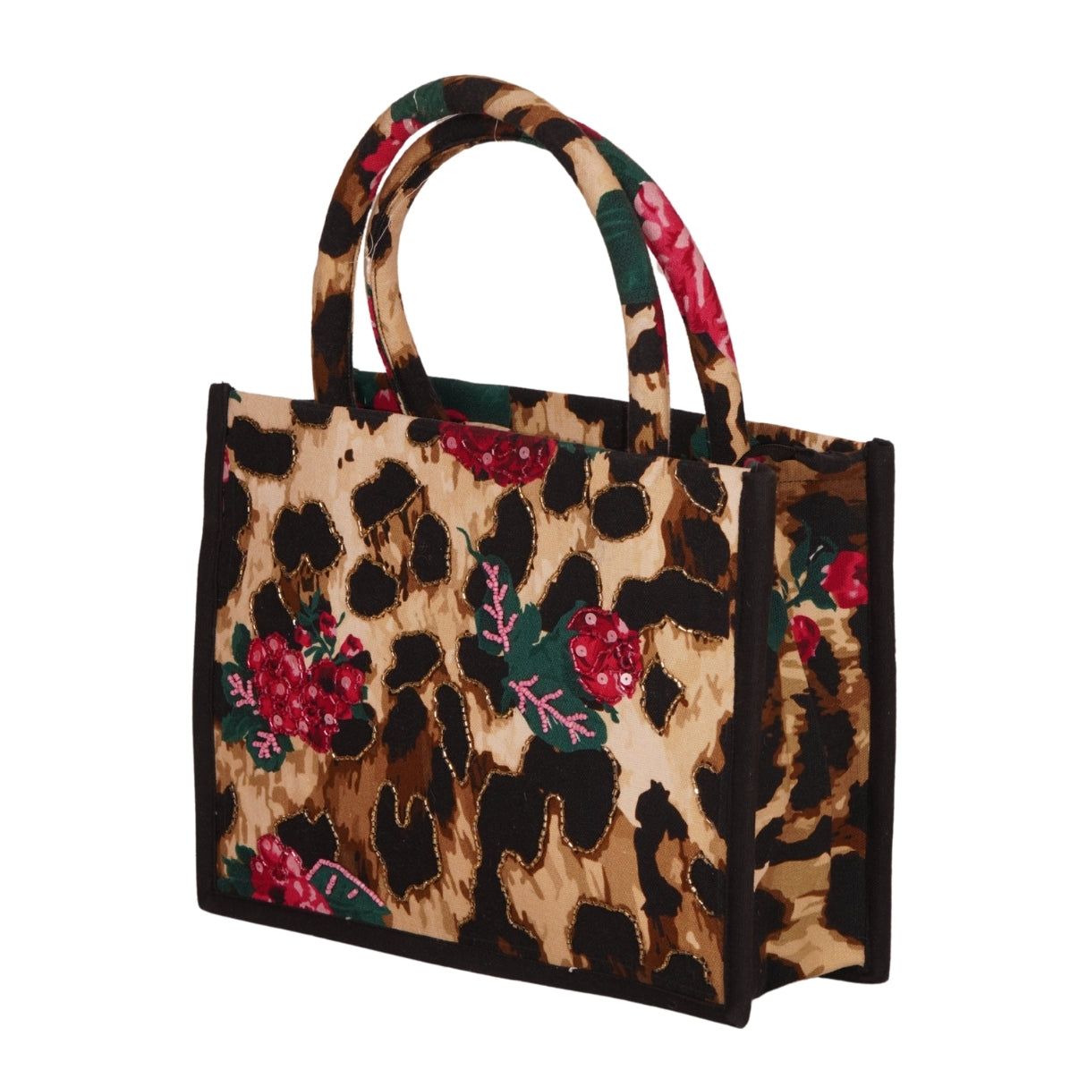 Leopard Print Floral Embroidered Mini Tote Bag
