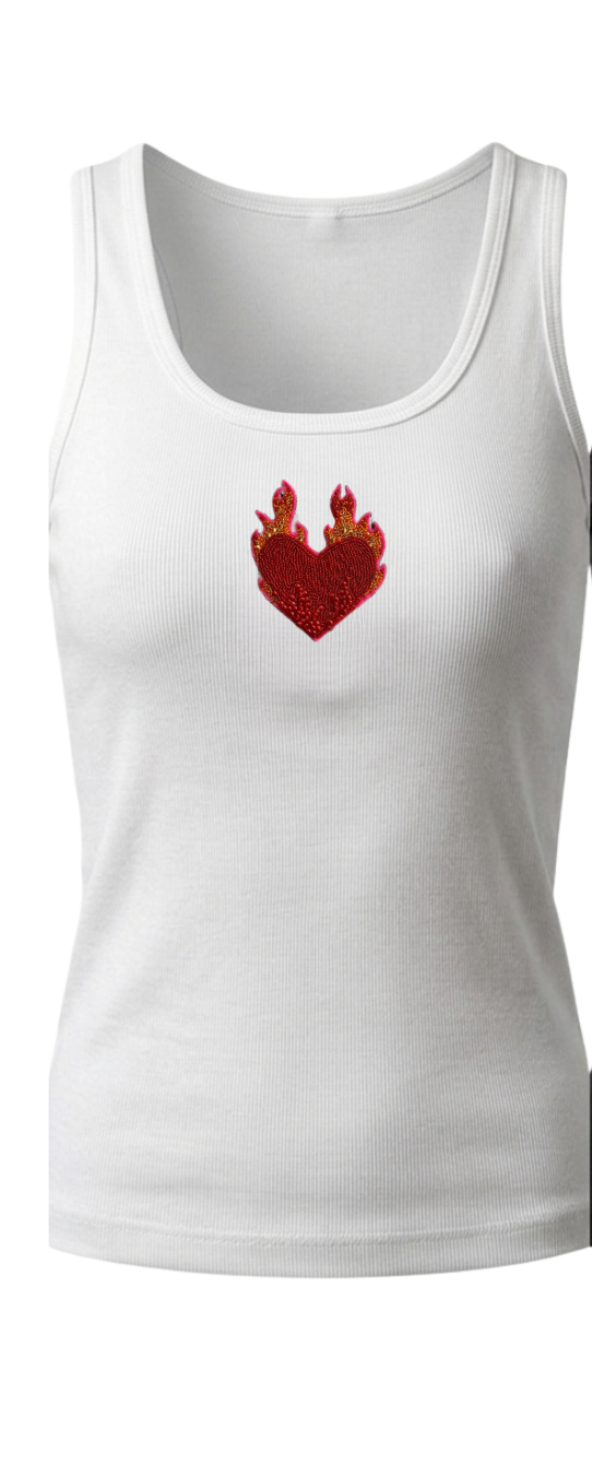 Women’s Beaded Flaming Heart Ribbed Tank Top
