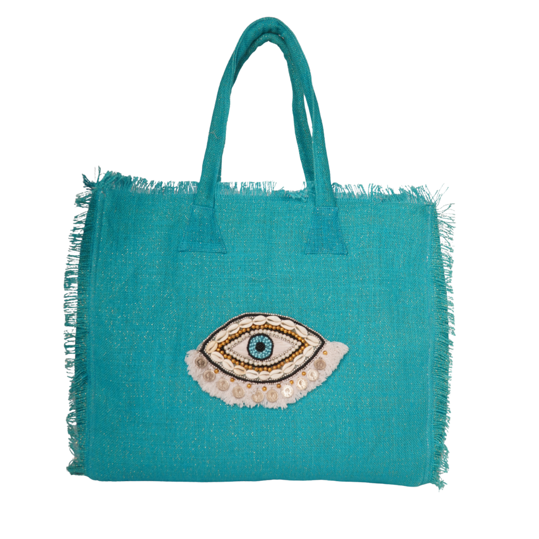 Aqua Evil Eye Jute Tote with Shell &amp; Sequin Detail – Boho Charm