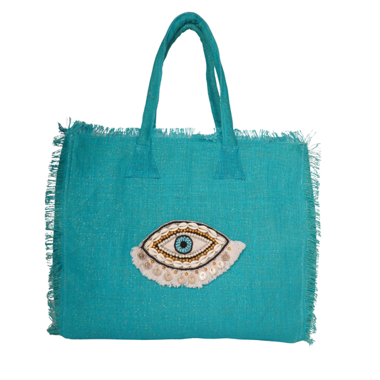 Aqua Evil Eye Jute Tote with Shell &amp; Sequin Detail – Boho Charm