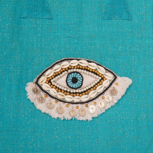 Aqua Evil Eye Jute Tote with Shell &amp; Sequin Detail – Boho Charm