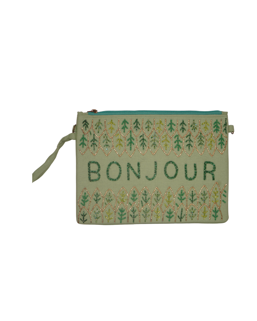 Bonjour Embroidered Green Canvas Pouch