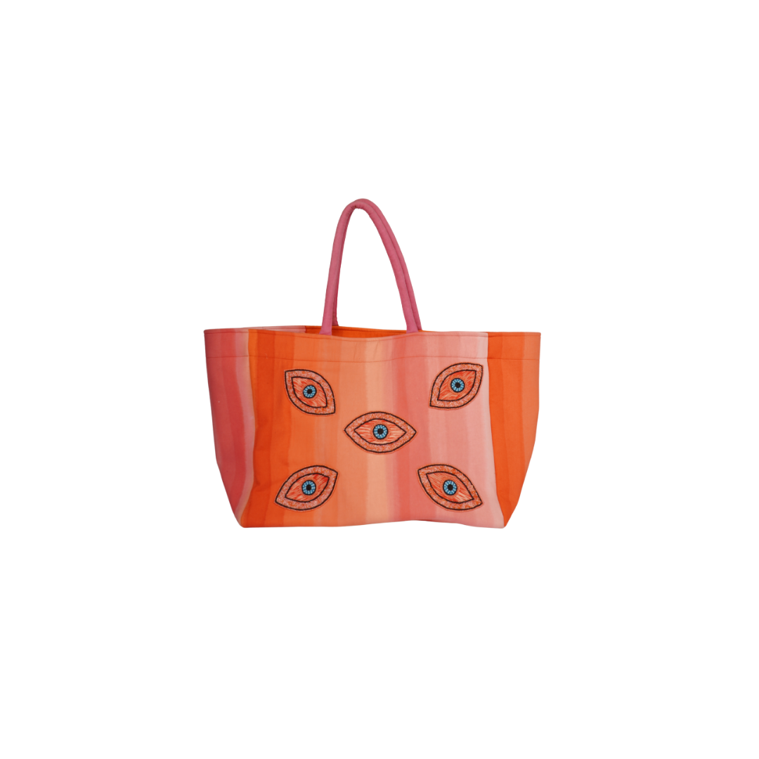 Sunset Striped XL Tote with Evil Eye Embroidery – Vibrant Beach Edition