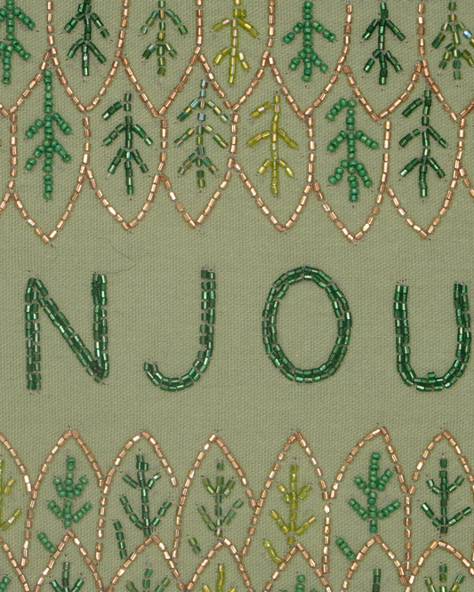 Bonjour Embroidered Green Canvas Pouch