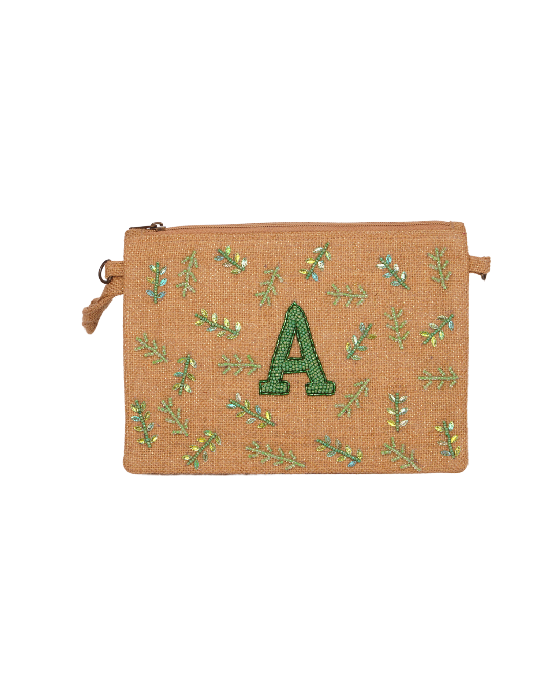Personalised 'A' Jute Pouch with Leaf Embroidery