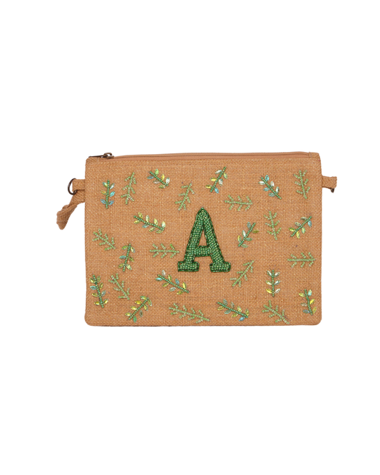 Personalised 'A' Jute Pouch with Leaf Embroidery