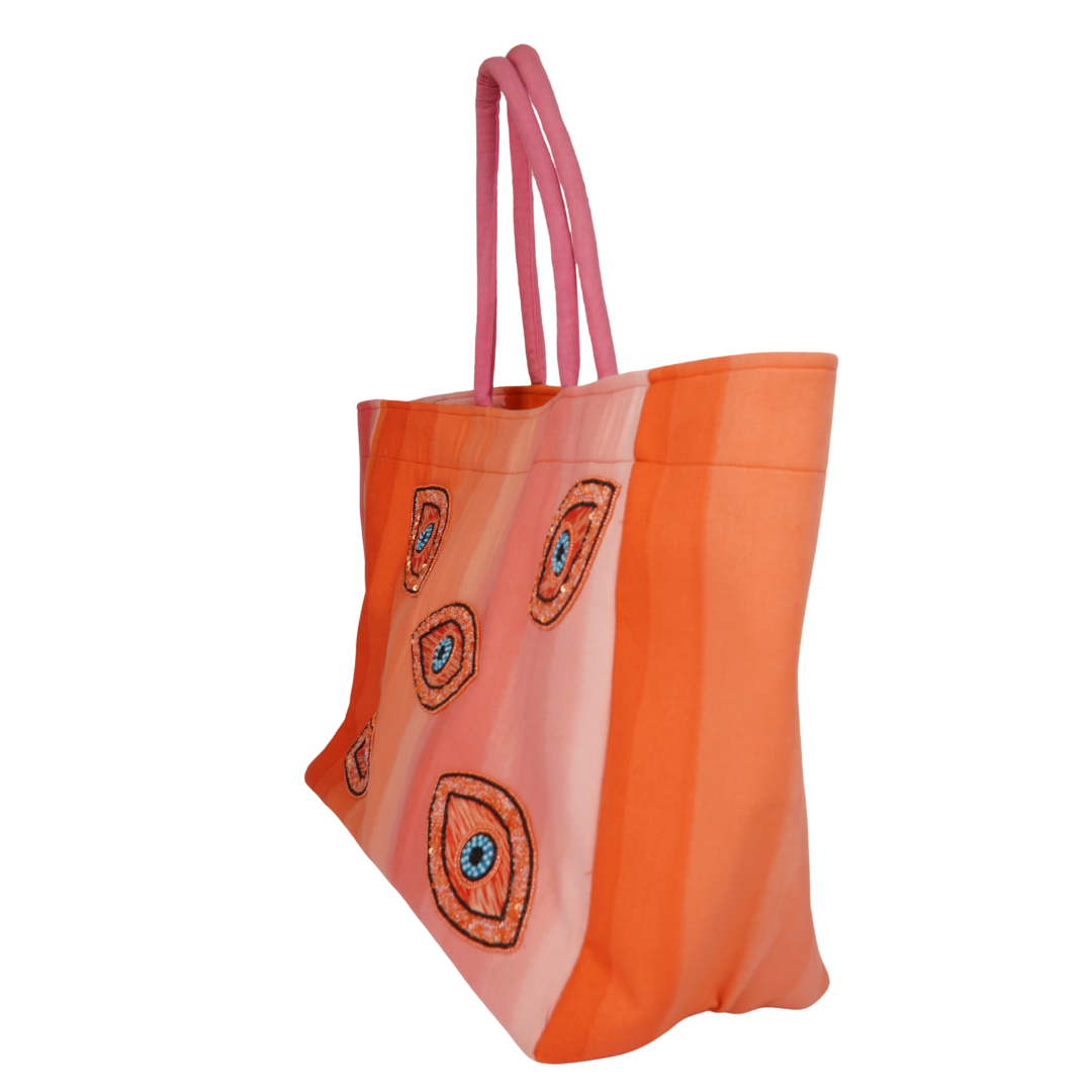 Sunset Striped XL Tote with Evil Eye Embroidery – Vibrant Beach Edition