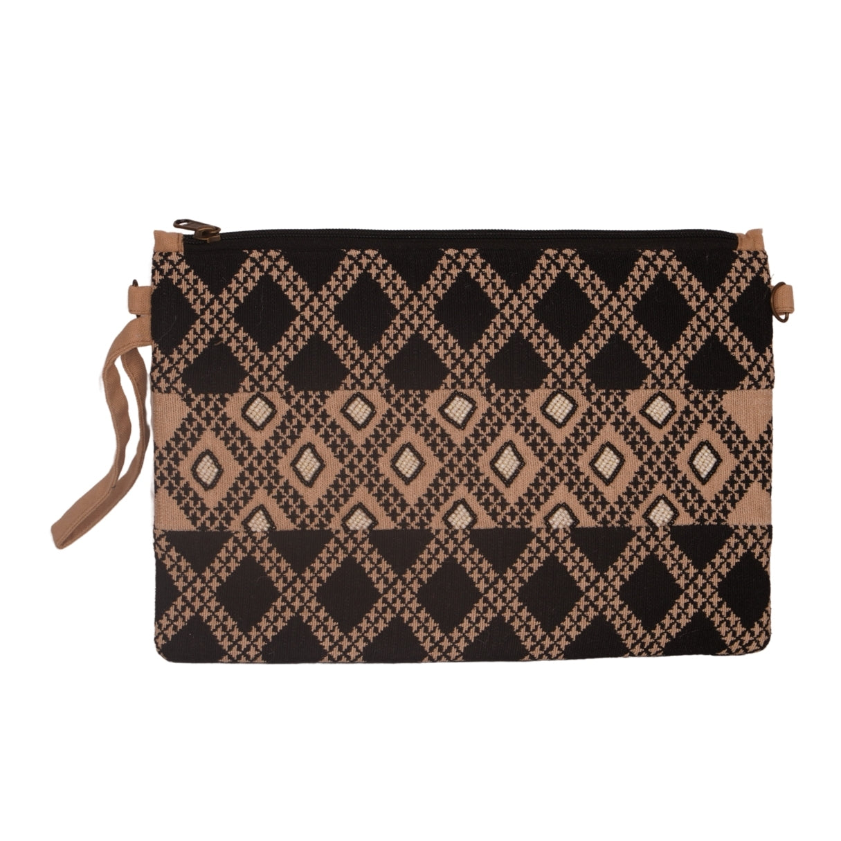 Geometric Tribal Pattern Clutch – Black &amp; Beige
