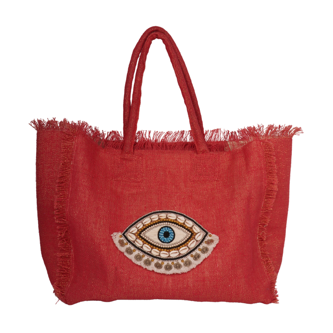 Red Fringe Tote with Shell-Evil Eye Embroidery – Boho Luxe Edition