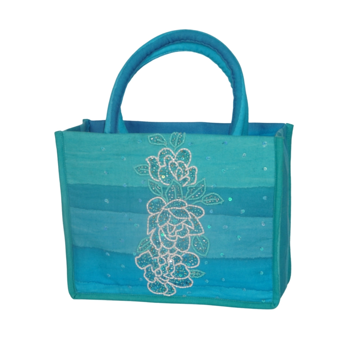 Ocean Blue Mini Tote Bag with Sequin Floral Embroidery