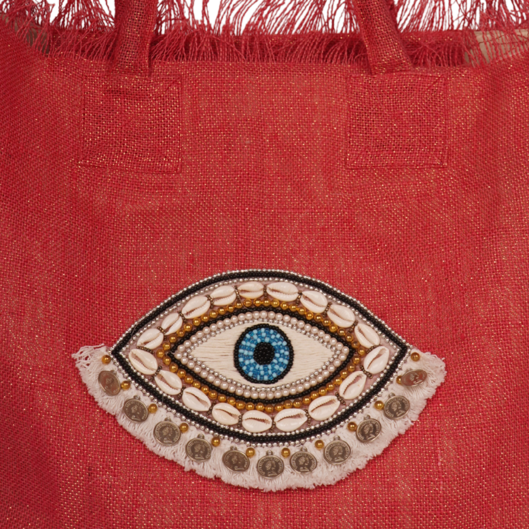 Red Fringe Tote with Shell-Evil Eye Embroidery – Boho Luxe Edition