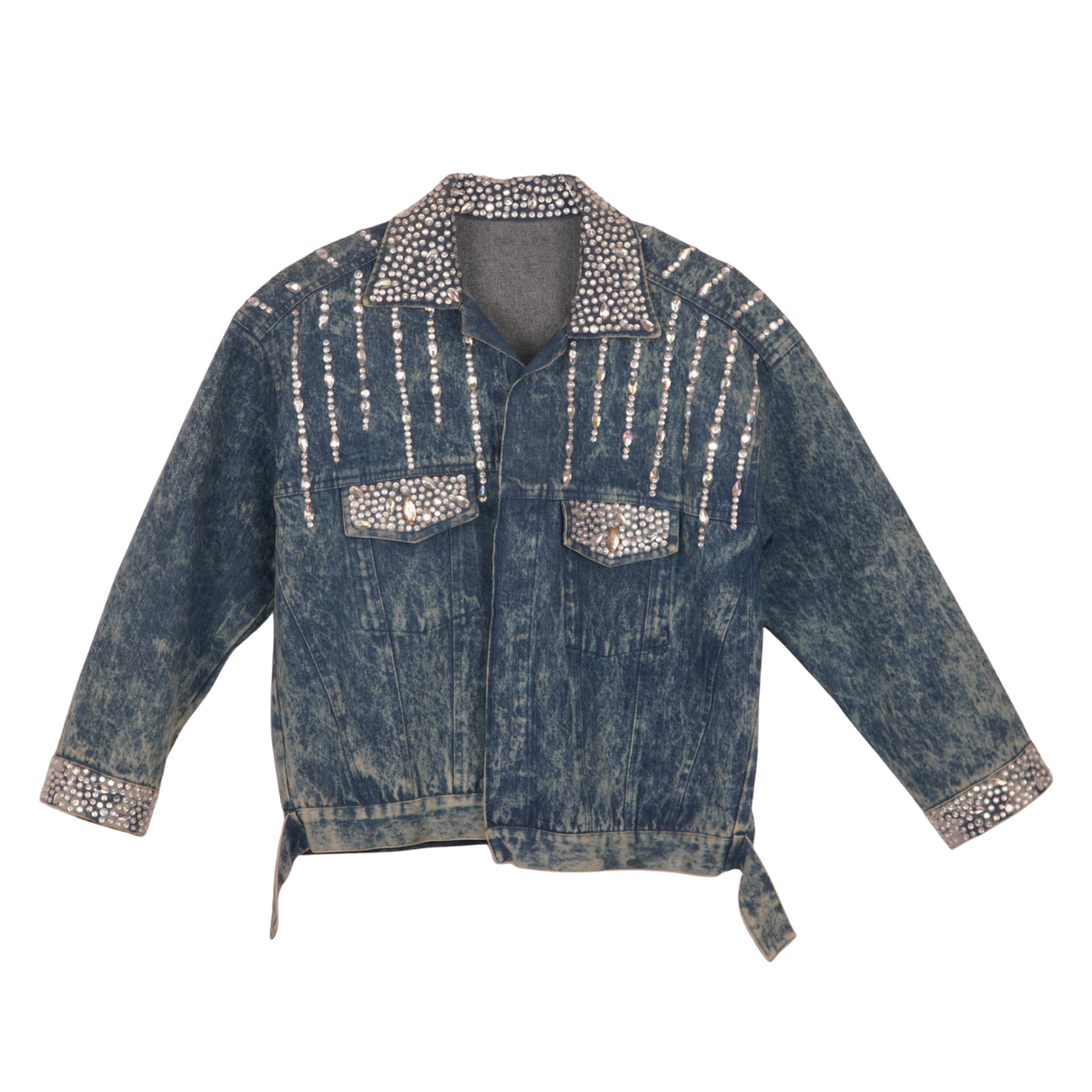 Rhinestone Fringe Denim Jacket for Women – Studded Collar Crystal Statement Jean Jacket