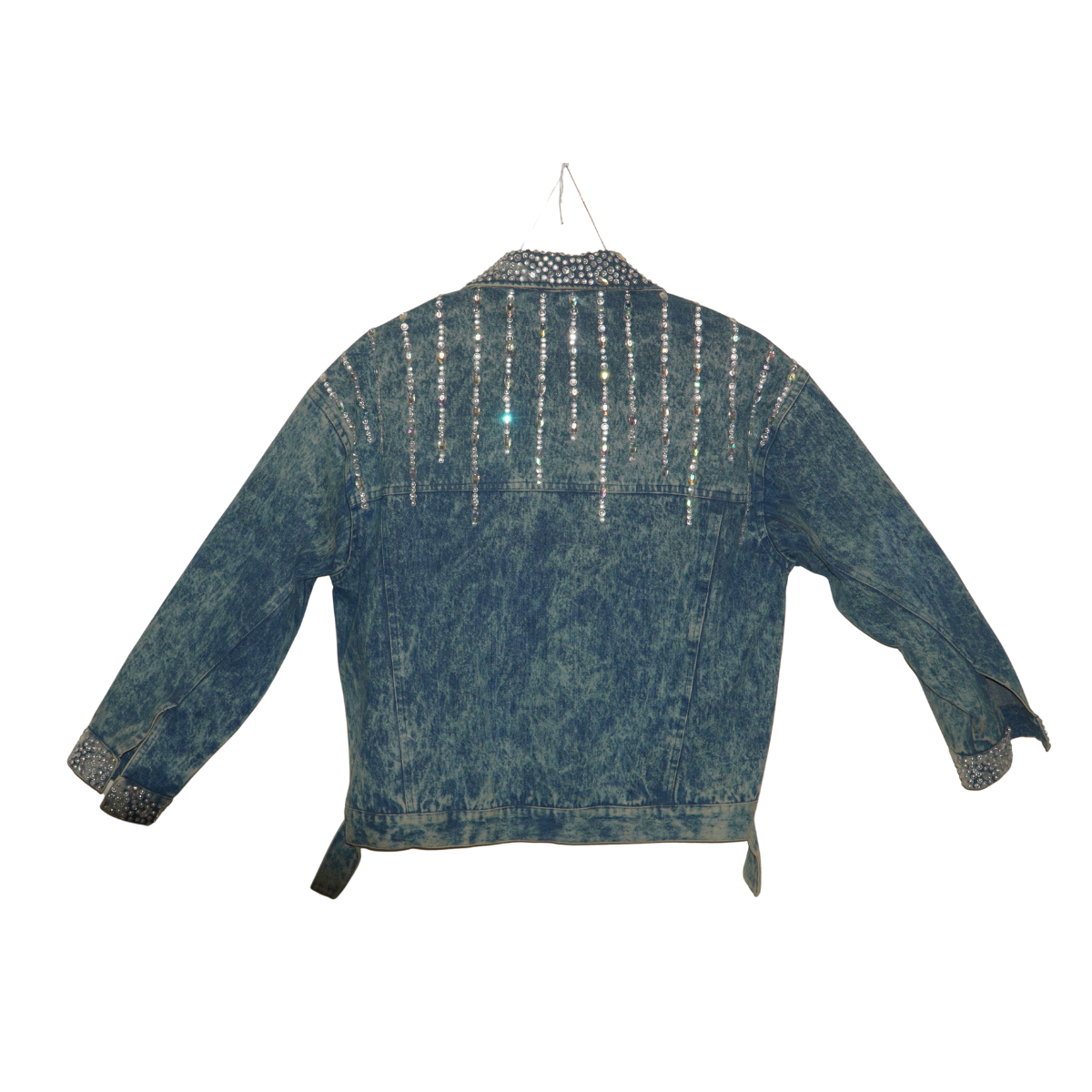 Rhinestone Fringe Denim Jacket for Women – Studded Collar Crystal Statement Jean Jacket