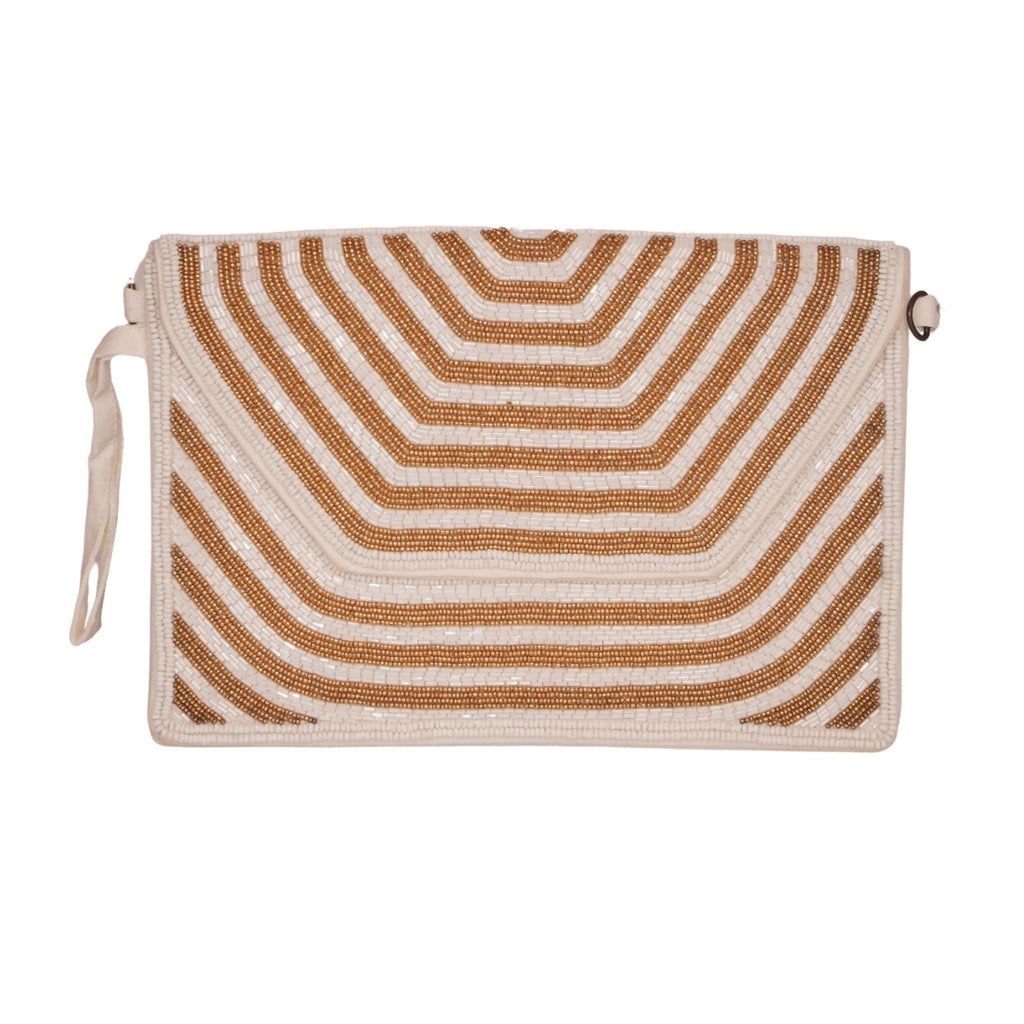 Beige & amp; Gold Hand-Beaded Geometric Clutch