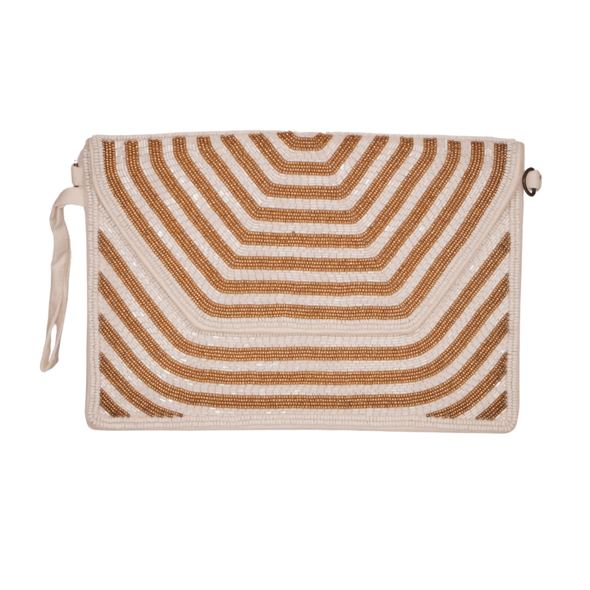 Beige & amp; Gold Hand-Beaded Geometric Clutch